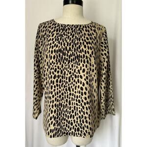 J. Crew Beige Black Print Polyester Top Blouse Long Sleeve Career Womens M